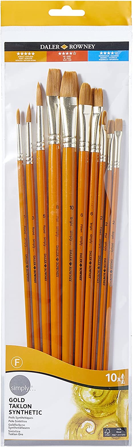 Daler Rowney Simply Gold Taklon Long Paint Brush Set Of 10
