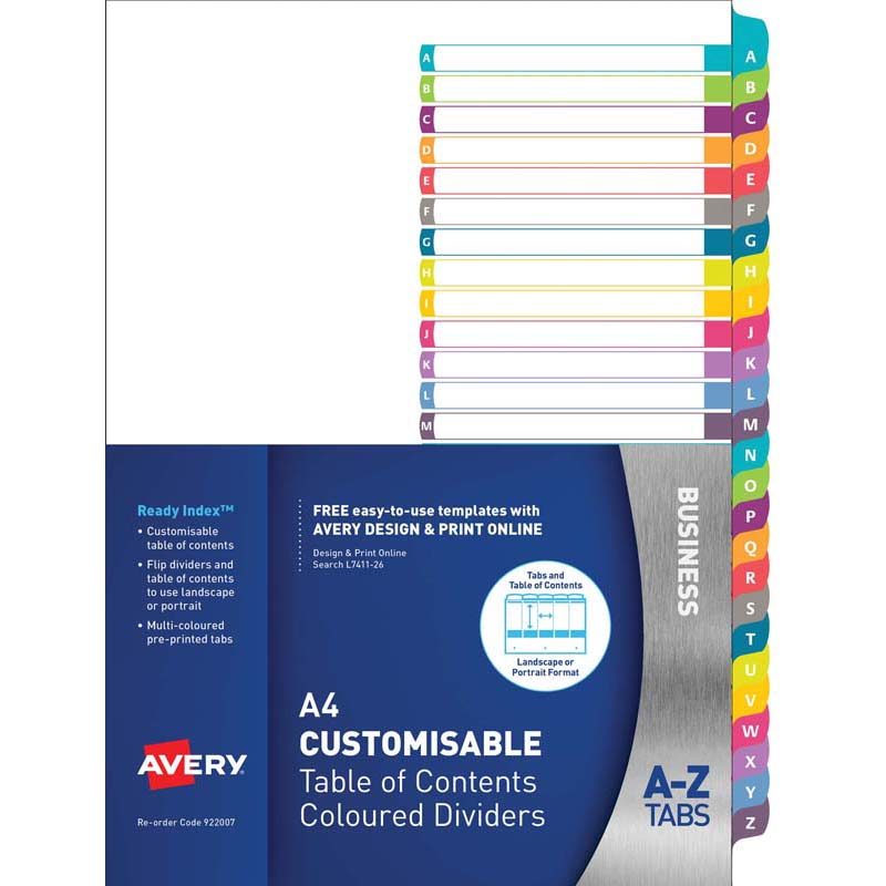 avery customisable table of contents a4 a-z tabs coloured