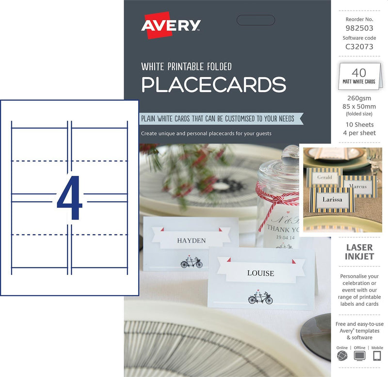 avery placecards 85x50mm folded 4up 10 sheets inkjet laser