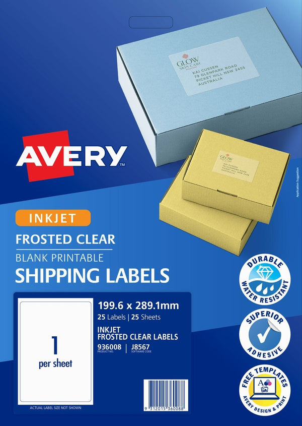 avery label permanent j8567 frosted clear inkjet 199.6x289.1mm 1up 25 sheets