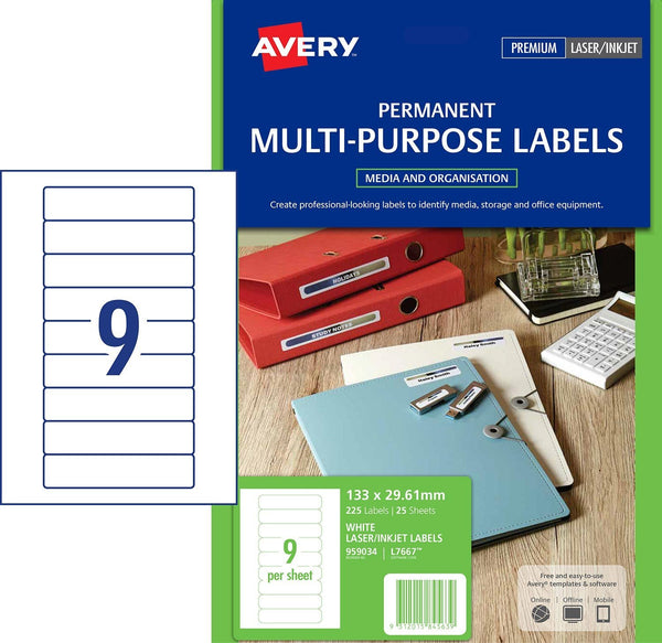 Avery Multi Purpose Label L7667 White Laser Inkjet 9 Up 25 Sheets