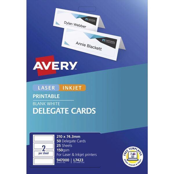 avery delegate cards 210x74.3mm 50 cards 25 sheets inkjet laser