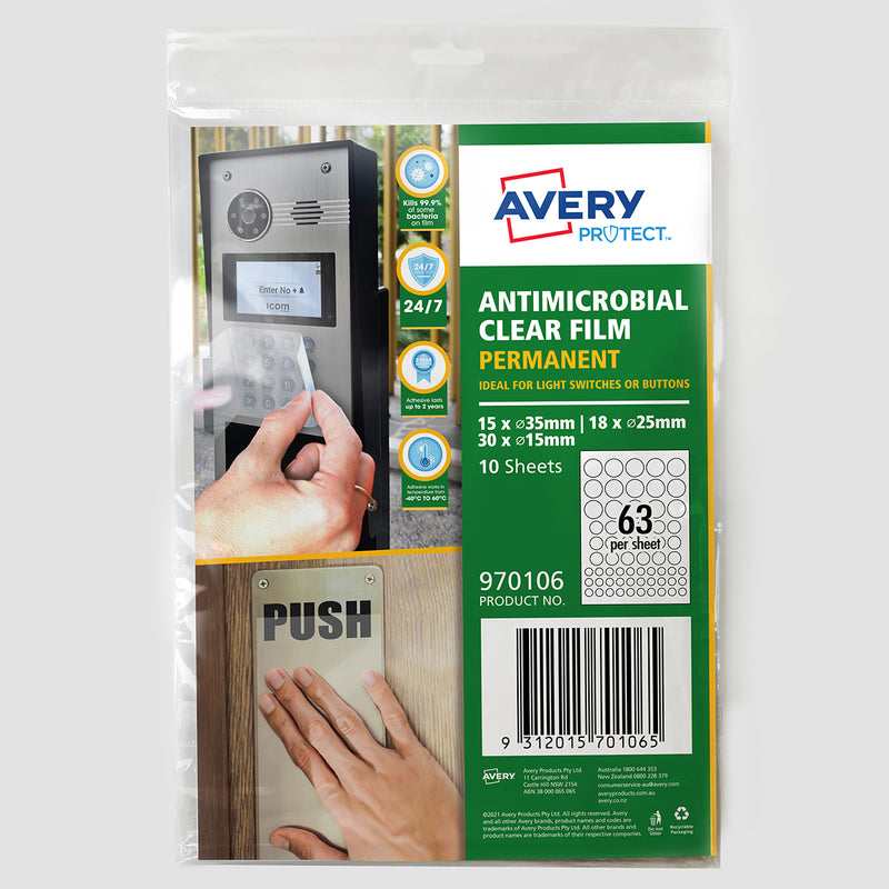 Avery Protect Anti-microbial Film Permanent Mixed Circles A4 63up 10 Sheets