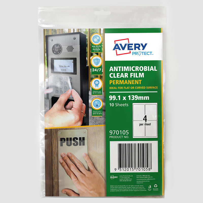 Avery Protect Anti-Microbial Film Permanent A4 10 Sheets