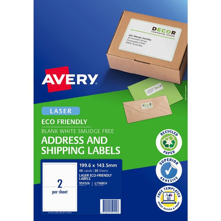 Avery Eco Friendly Address Labels 199.1x143.5MM 2up 20 Sheets