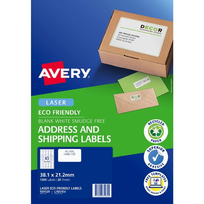 Avery Eco Friendly Address Labels 38.1x21.2MM 65up 20 Sheets