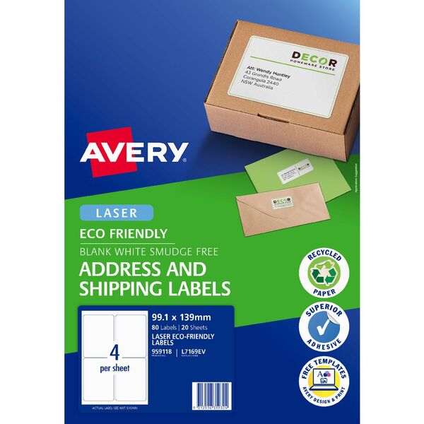 Avery Eco Friendly Address Labels 99.1x139MM 4up 20 Sheets
