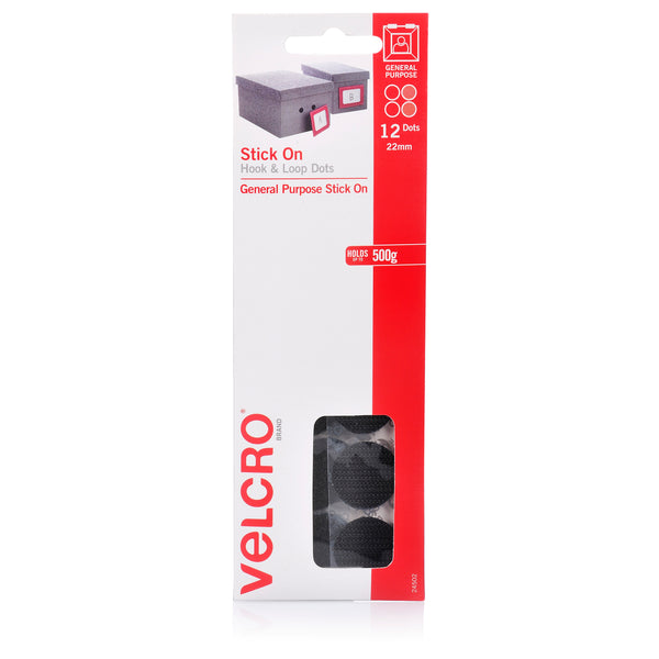 velcro® brand stick on hook & loop dots 12 dots 22mm black
