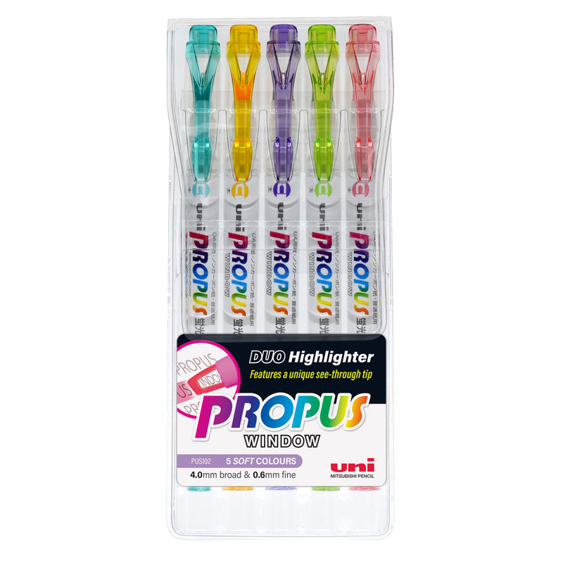 Uni Propus Window Double-ended Highlighter 4.0MM/0.6MM Pastel - Pack of 5
