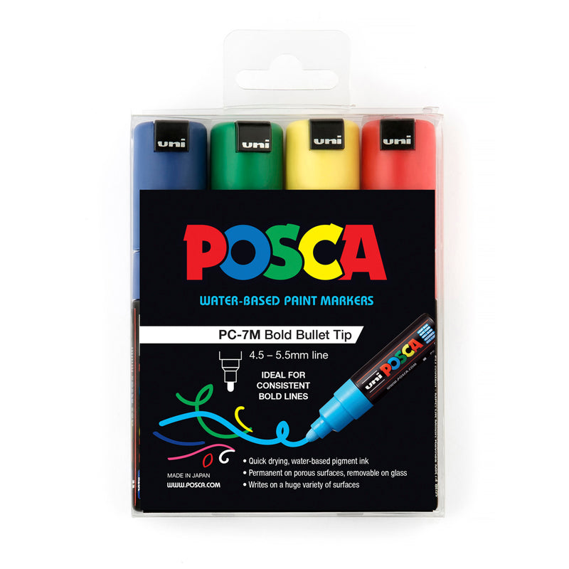 Uni Posca Marker 4.5-5.5mm Green Yellow Red Blue - Pack Of 4