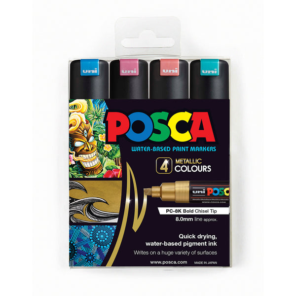 Uni Posca Marker 8.0mm Bold Chisel Metallic - Pack Of 4