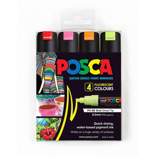 Uni Posca Marker 8.0mm Bold Chisel Fluoro - Pack Of 4