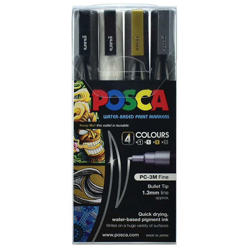 Uni Posca Marker 0.9-1.3mm Fine Black White Gold Silver Pack Of 4