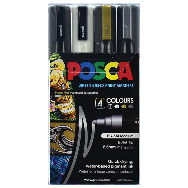Uni Posca Marker 1.8-2.5mm Med Bullet Black White Gold Silver Pack Of 4