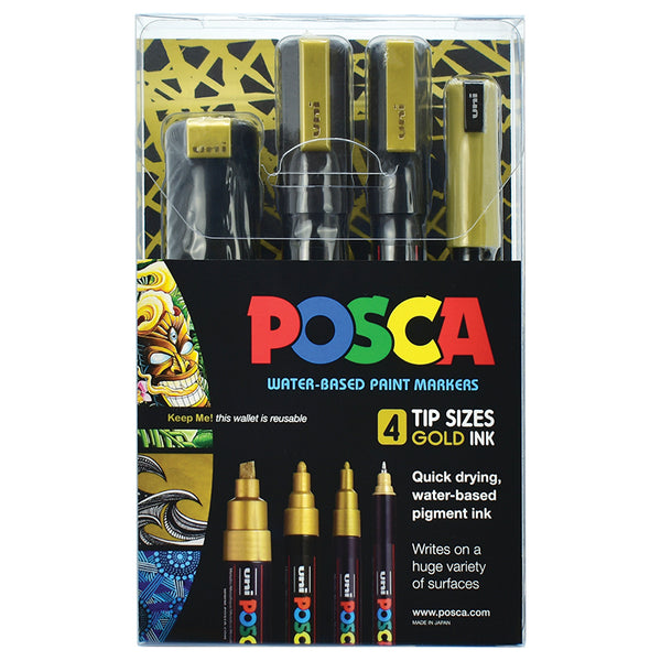 Uni Posca Marker Gold Set Assorted Tip Sizes Pack Of 4 
