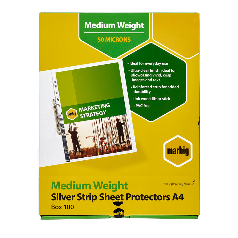 marbig® sheet protectors medium weight a4 silver strip pack of 100