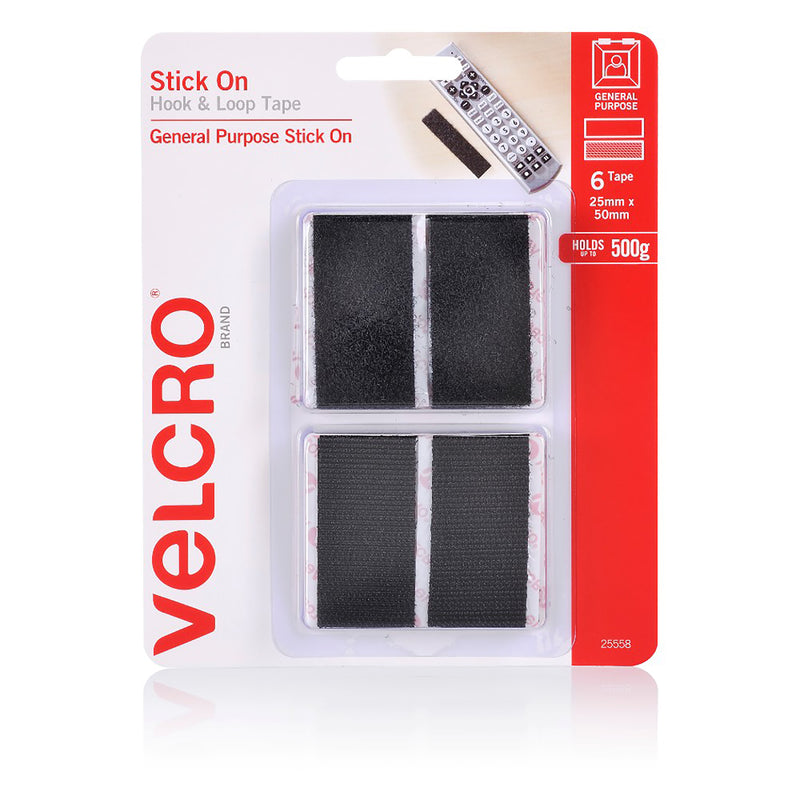 velcro® brand stick on hook & loop rectangles 6 sets 25mm x 50mm black