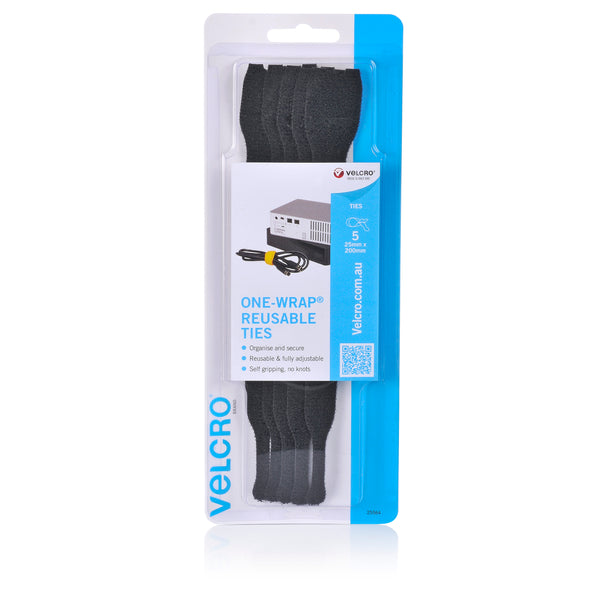 velcro® brand one-wrap pre formed reusable ties 25mmx200m black pack of 5