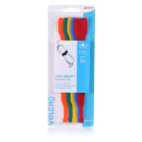 velcro® brand one-wrap pre formed reusable ties 25mm x 200mm multi colour pack of 5