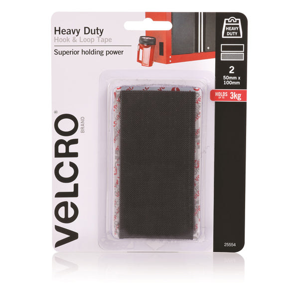 velcro® brand stick on heavy duty hook & loop tape 50x100mm black pack of 2