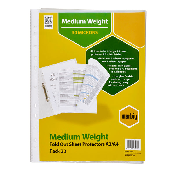 marbig® sheet protectors medium weight a3 fold out pack of 20