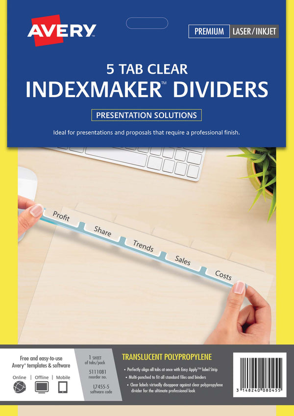 avery indexmaker a4 5 tab CLEAR with easy apply label l7455-5

