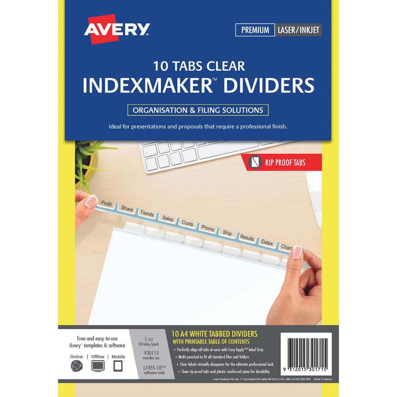 avery indexmaker a4 10 tab CLEAR with easy apply label l7455-10
