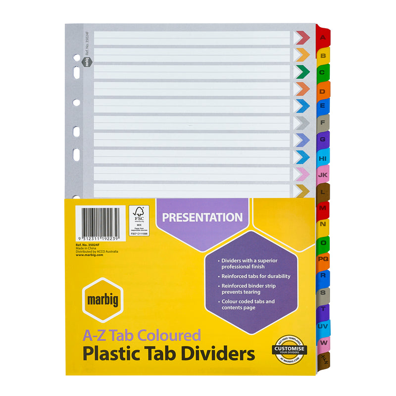 marbig® indices & dividers a-z tab reinforced a4 colour