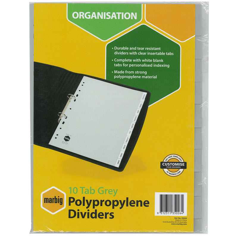 marbig® indices & dividers 10 insert tab pp a4 grey