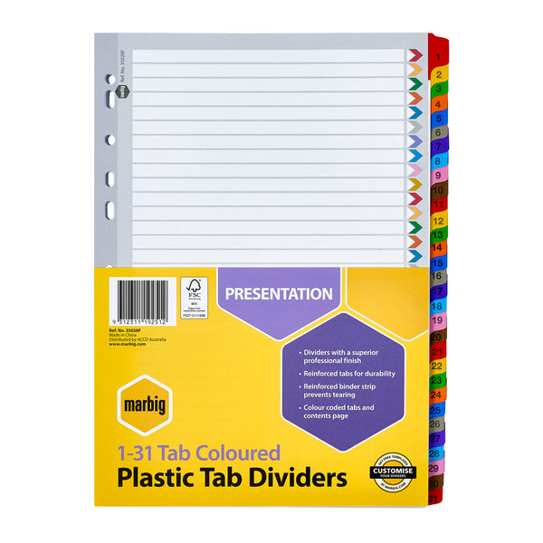 marbig® indices & dividers 1-31 tab reinforced a4 colour