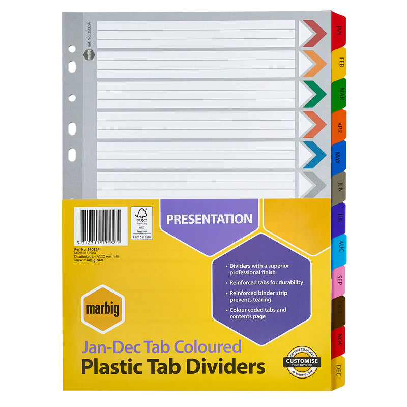 marbig® indices & dividers jan-dec tab reinforced a4 colour