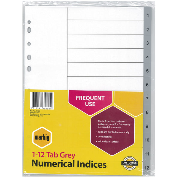 marbig® indices & dividers 1-12 tab polyprop a4#Colour_GREY