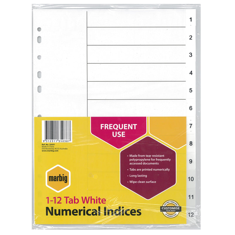 marbig® indices & dividers 1-12 tab polyprop a4