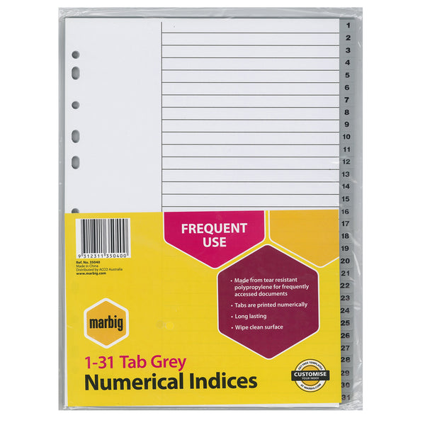 marbig® indices & dividers 1-31 tab polyprop a4#Colour_GREY