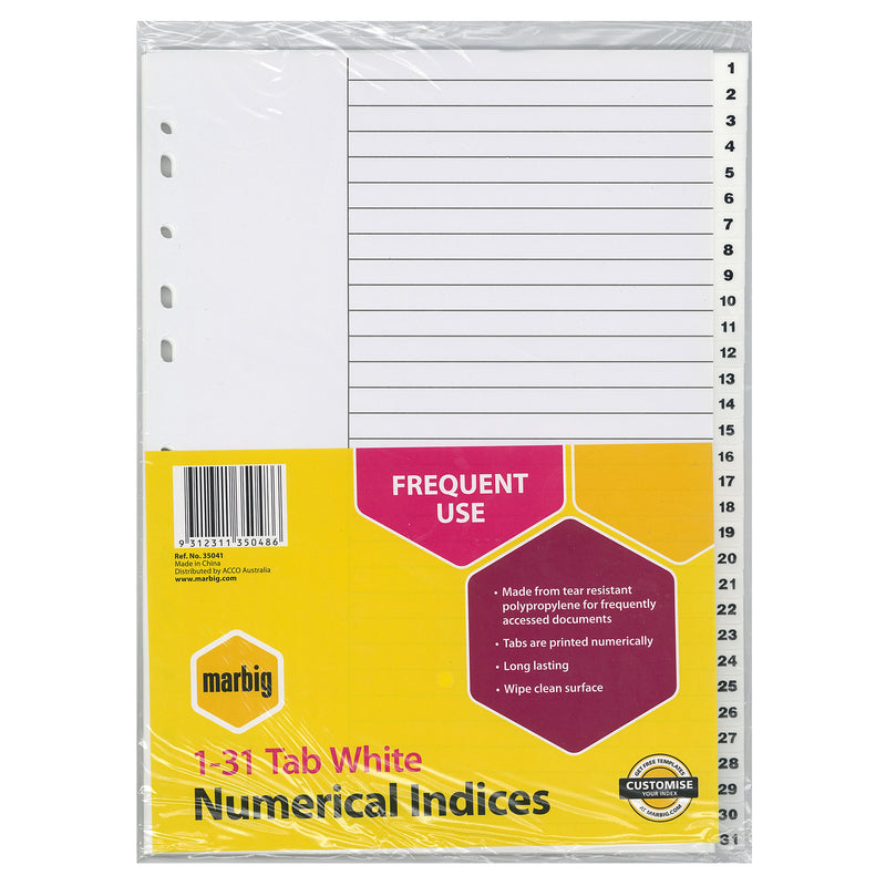 marbig® indices & dividers 1-31 tab polyprop a4