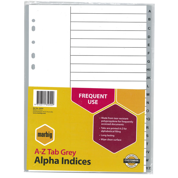 marbig® indices & dividers a-z tab polyprop a4#Colour_GREY