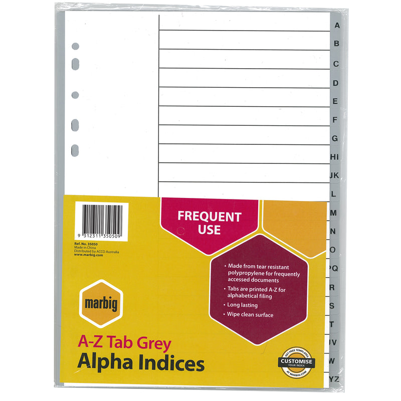 marbig® indices & dividers a-z tab polyprop a4