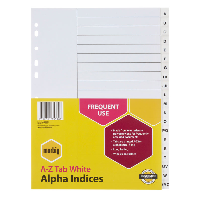 marbig® indices & dividers a-z tab polyprop a4