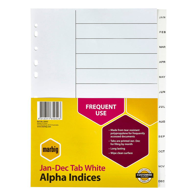 marbig® indices & dividers jan-dec tab polyprop a4 white