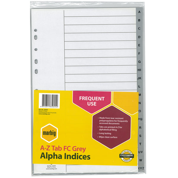 marbig® indices & dividers a-z tab polyprop foolscap grey