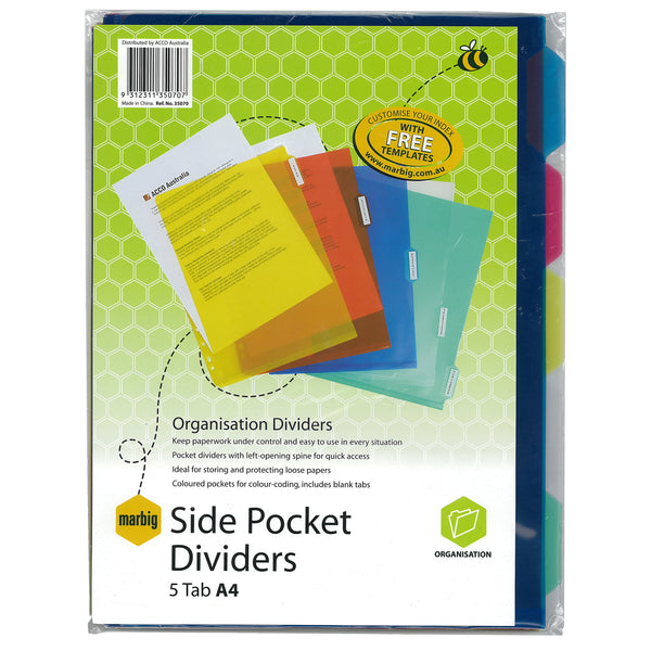 marbig® dividers side pockets clear polyprop a4 5tab