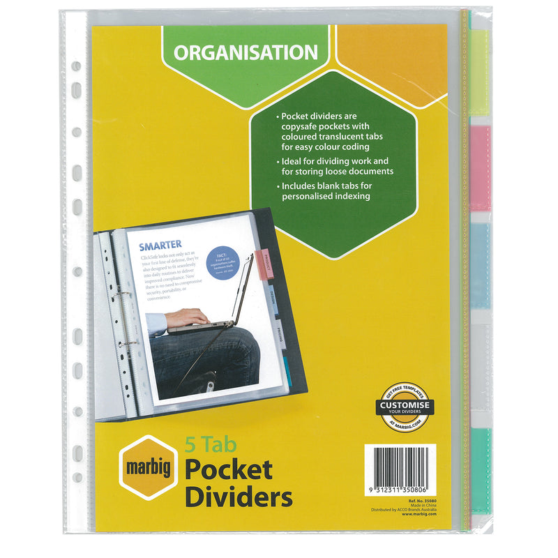 marbig® indices & dividers polyprop a4 clear pockets