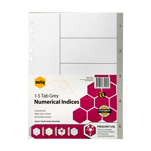 marbig® indices & dividers 1-5 tab polyprop a4#Colour_GREY