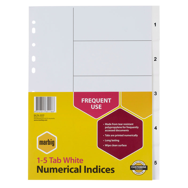 marbig® indices & dividers 1-5 tab polyprop a4