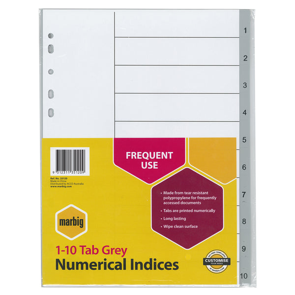marbig® indices & dividers 1-10 tab polyprop a4#Colour_GREY