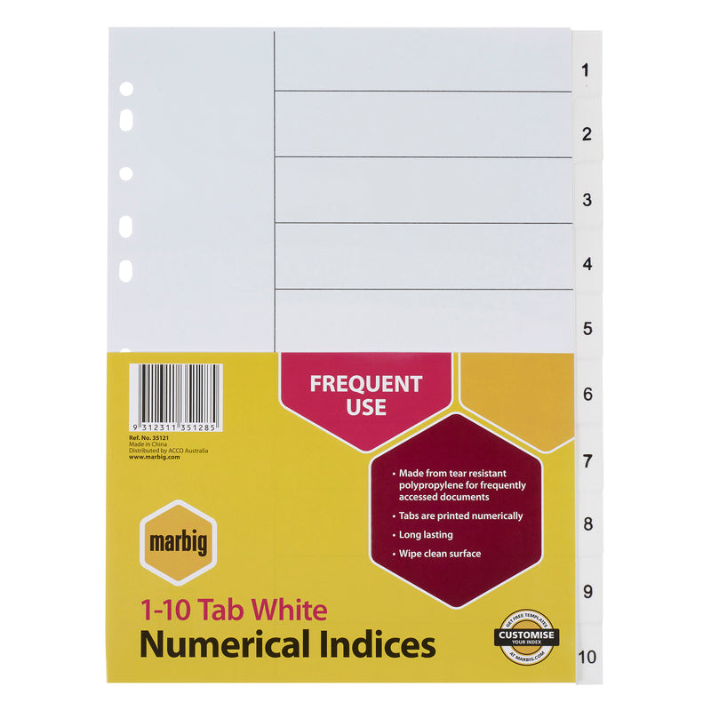 marbig® indices & dividers 1-10 tab polyprop a4