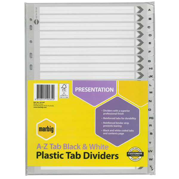 marbig® indices & dividers a-z tab reinforced a4 black