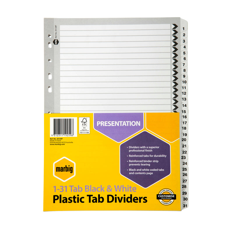 marbig® indices & dividers 1-31 tab reinforced a4 black