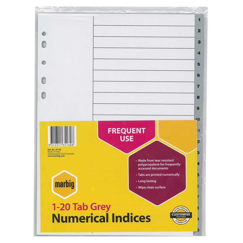marbig® indices & dividers 1-20 tab polyprop a4