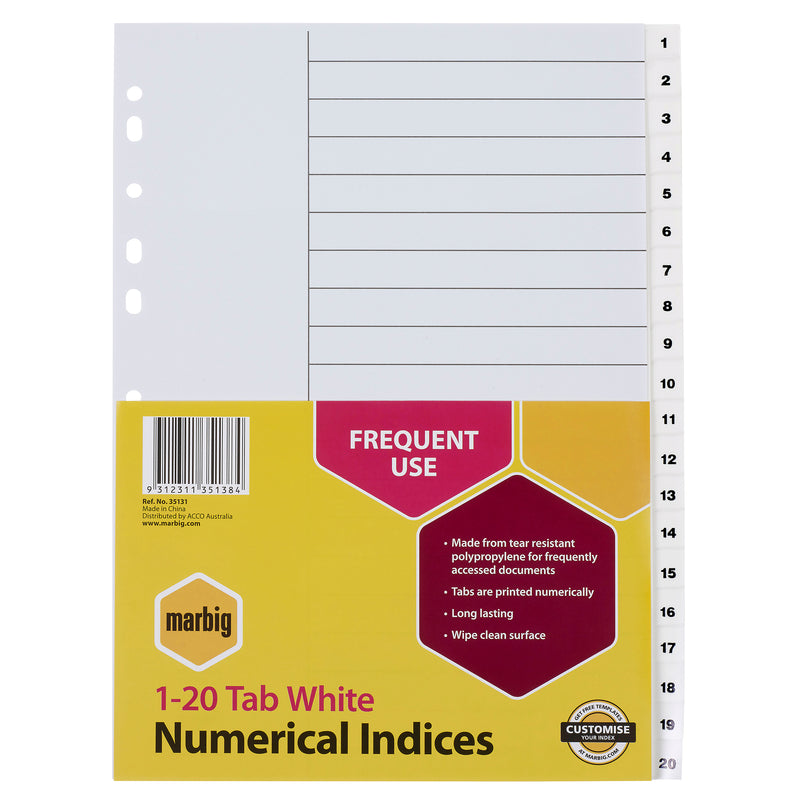 marbig® indices & dividers 1-20 tab polyprop a4